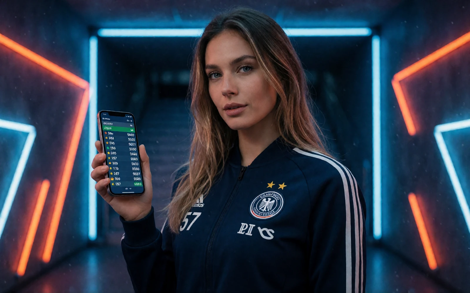 Sportlerin im Team-Outfit mit Live-Quoten auf dem Smartphone im neonbeleuchteten Stadion-Tunnel f&uuml;r Sportwetten bei 30bet