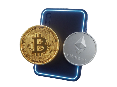 Bitcoin und Ethereum M&uuml;nzen mit E-Wallet-Karte als Symbol f&uuml;r das 30bet Cryptocasino