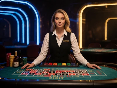 Elegante Live-Dealerin am neonbeleuchteten Roulette-Tisch im 30bet Live Casino