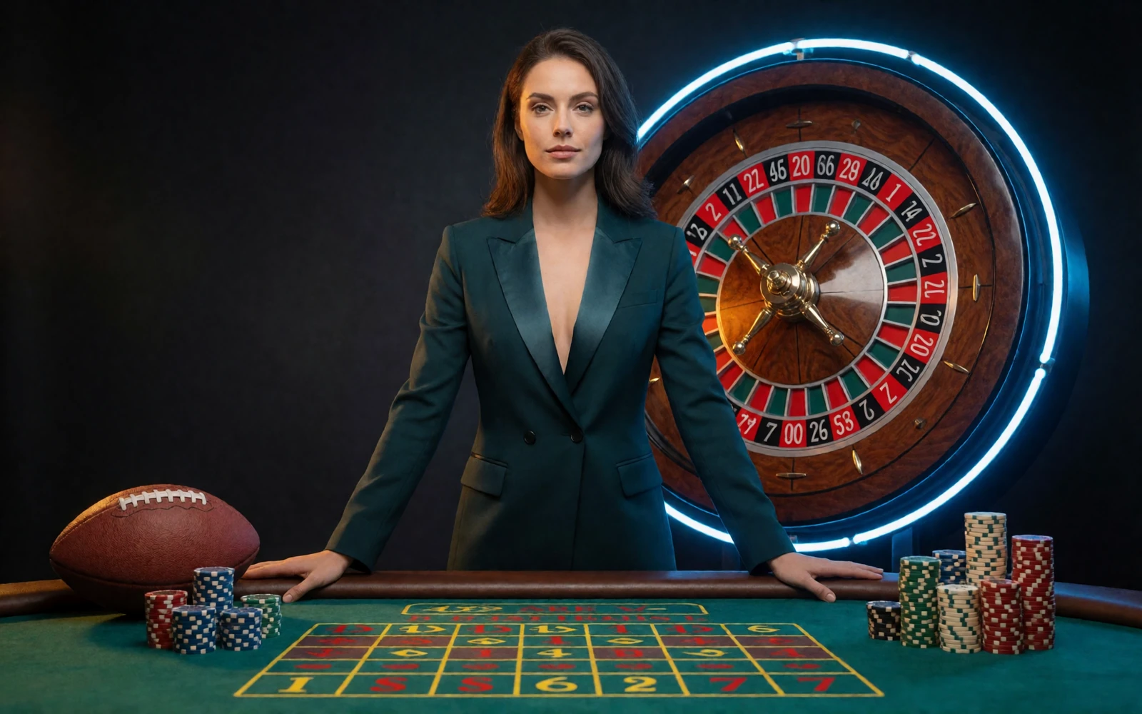 Selbstbewusste Frau am neonbeleuchteten Casino-Tisch mit Chips und Football im 30bet Casino Deutschland