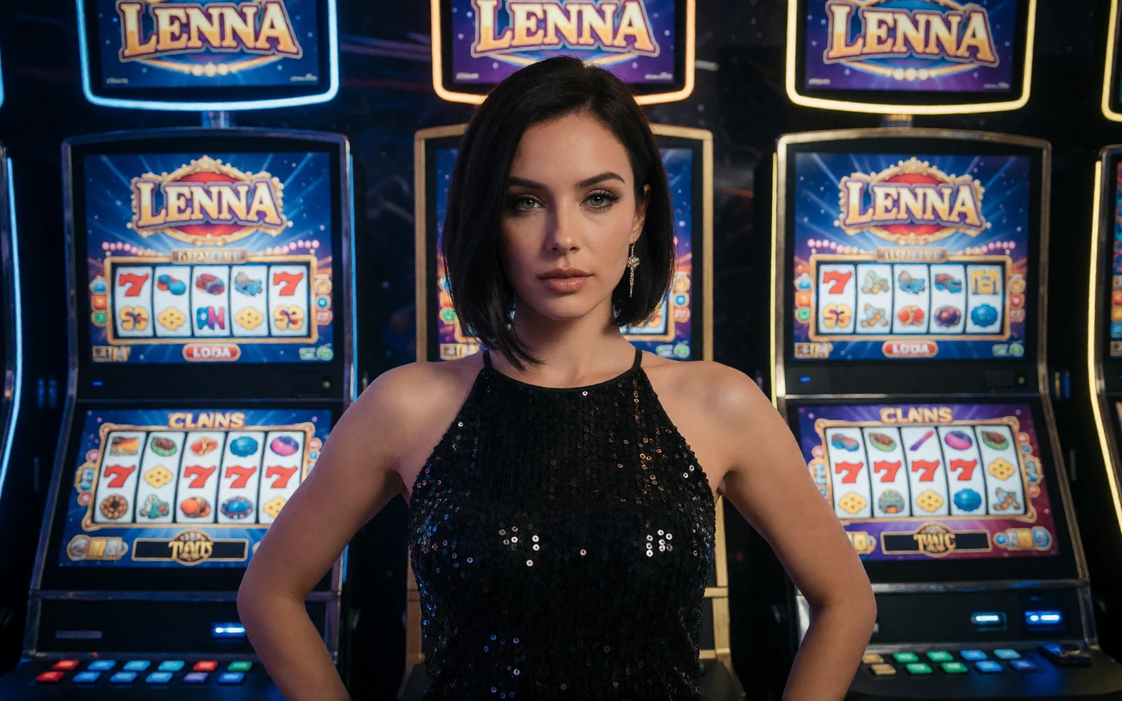 Stilvolle Frau vor leuchtenden Slot-Bildschirmen im 30bet Online Slots und Live Casino