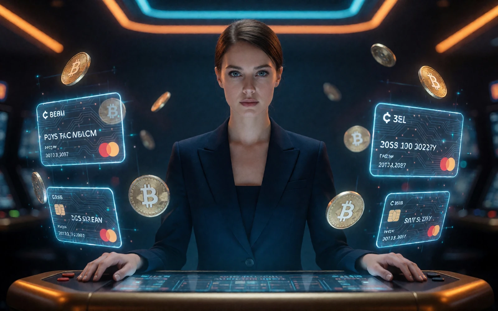 Frau im navyblauen Blazer am leuchtenden Fintech-Terminal mit Crypto- und Karten-Hologrammen bei 30bet Casino Zahlungsmethoden